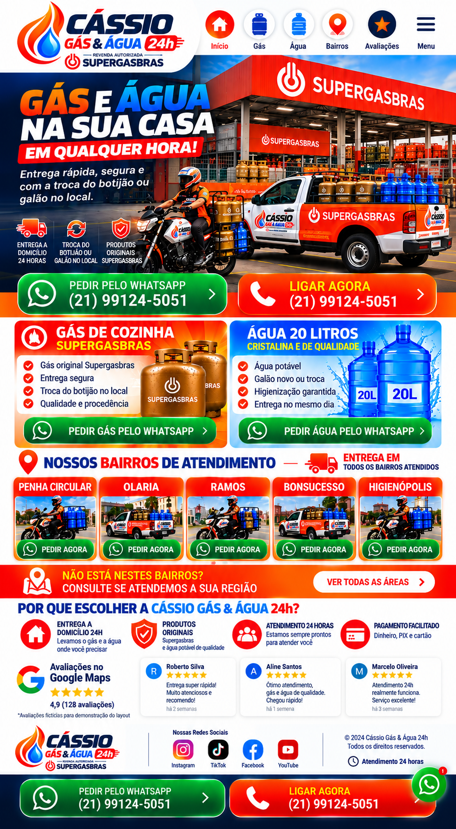 Site Cássio Gás e Água 24 horas com depósito Supergasbras, entregas de moto e pickup, gás, água e bairros atendidos